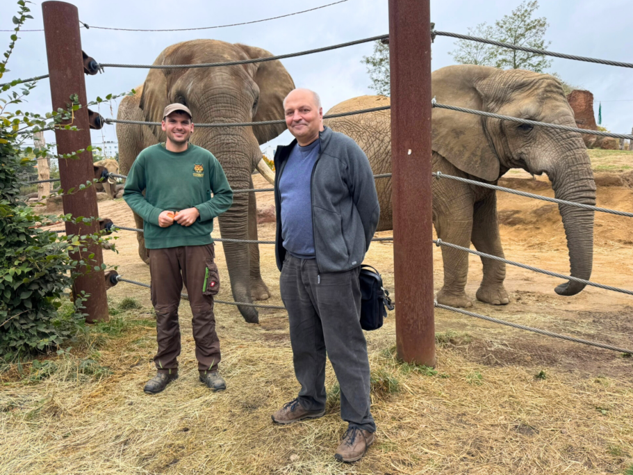 Prof. Dr. Michael Brecht und Elefantenpfleger Sebastian Christmann auf der Außenanlage der Elefanten_Zoo Magdeburg