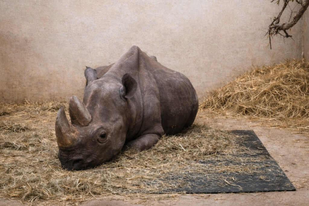 Spitzmaulnashorn liegt auf einer auf einer orthopädischen Matte im Zoo Magdeburg